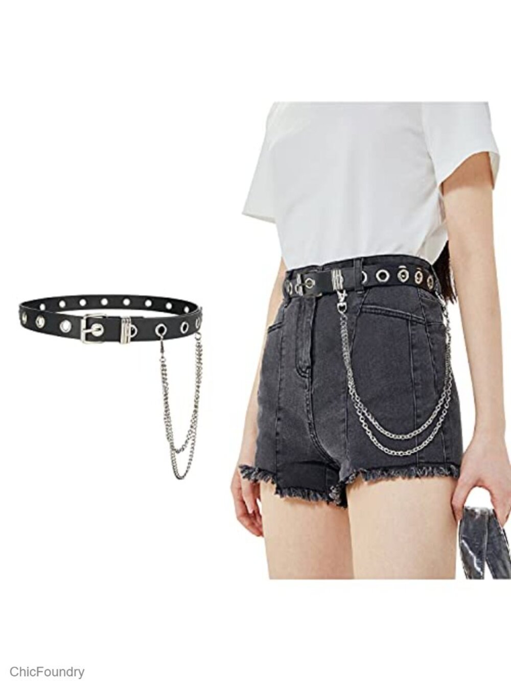 Faux Leather Grommet Belt with Detachable Chain Punk Rock Waist Belt